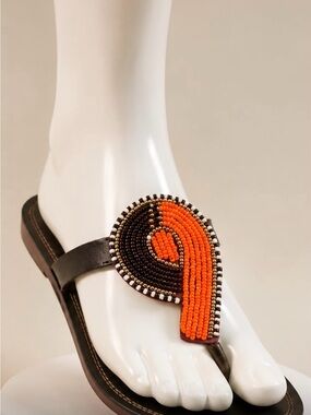 Beaded Thong Sandal in Black and Orange